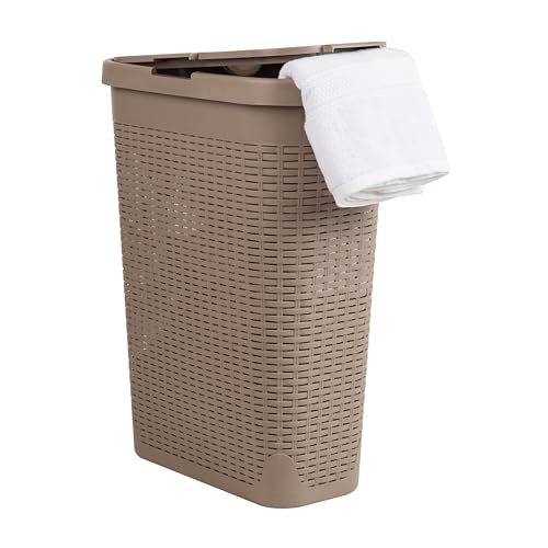 Mind Reader Slim Laundry Hamper with Lid, 40L Clothes Basket, Narrow Tapered Design with Ventilated Cutout Pattern, Plastic, Tan - color: Tan, size: Single