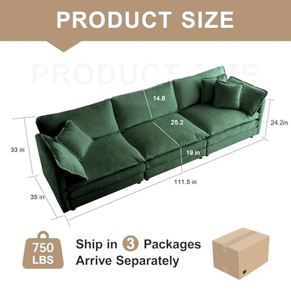 111.5 Inch 3-Seat Modular Sectional Cloud Sofa, Chenille Green | Chenille Deep Seat Sofa with Pillow for Living Room, Bedroom and Apartment - color: Green, size: 111.5 inch-Straight