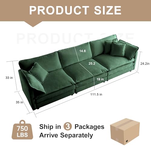 111.5 Inch 3-Seat Modular Sectional Cloud Sofa, Chenille Green | Chenille Deep Seat Sofa with Pillow for Living Room, Bedroom and Apartment - color: Green, size: 111.5 inch-Straight