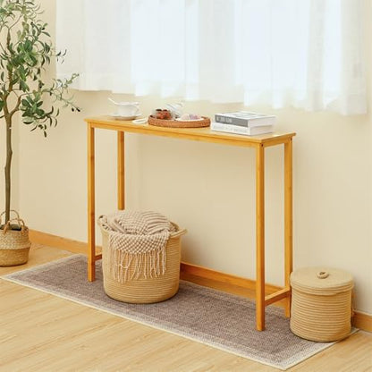 Bamboo Narrow Console Table, 39.4"(L) Wood Small Entryway Table, Accent Slim Hallway Tables, Thin Sofa Side Tables for Hallway, Living Room, Bedroom, Foyer, Burlywood - color: Burlywood