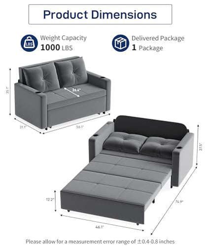 Krcix 3 in 1 Pull Out Couch, 56" Velvet Sofa Bed, Convertible Sleeper Sofa | Loveseat Sleeper for Living Room, Small Space-Saving, Family Couch Bed with USB, Cup Holder, Dark Gray - color: Dark Gray