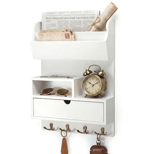 Rebee Vision Pine Wood Key Holder Wall Mount with Shelf & Drawer, White | Mail and Key Organizer, 4 Key Hooks, Stores Small Essentials, Displays a Plant, Adds Stylish, Apartment Essential Charm - color: White