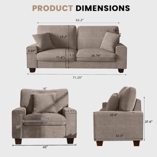 DOPEDIO 71.25" Sofa Set, Chenille Loveseat & 2 Accent Chairs, Brown | Modern chenille sofa set with removable covers, spring cushions, solid wood frame, easy assembly for comfortable living rooms - size: 71.25 inch + 2 Single, style: Brown Chenille