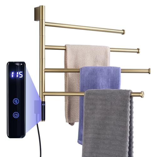 TRUSTMI 4-Swing Electric Towel Warmer with Timer, Brushed Gold | Rust-proof 304 SS warmer with carbon fiber heat, LED touch 24H timer, and 4 swing arms. Keeps bathroom towels dry - color: Brushed Gold