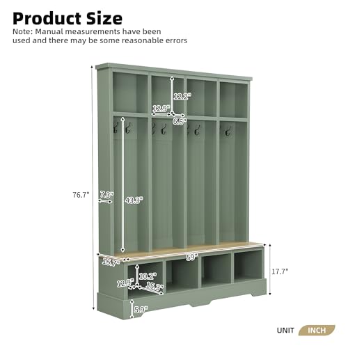 Merax Farmhouse Hall Tree with Bench and Shoe Storage, 59" Entryway Bench with Coat Rack, 3-in-1 Hall Tree with Top Compartments and 8 Hooks for Hallway, Living Room, Green - color: Green