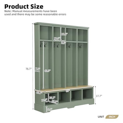 Merax Farmhouse Hall Tree with Bench and Shoe Storage, 59" Entryway Bench with Coat Rack, 3-in-1 Hall Tree with Top Compartments and 8 Hooks for Hallway, Living Room, Green - color: Green