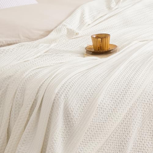 David's Home Cozy Waffle Weave Throw Blanket, Ultra Soft Breathable Lightweight Skin-Friendly Throw for All Seasons, Elegant Room Decor for Couch Bed Sofa Car Travel, White - color: Coconut White