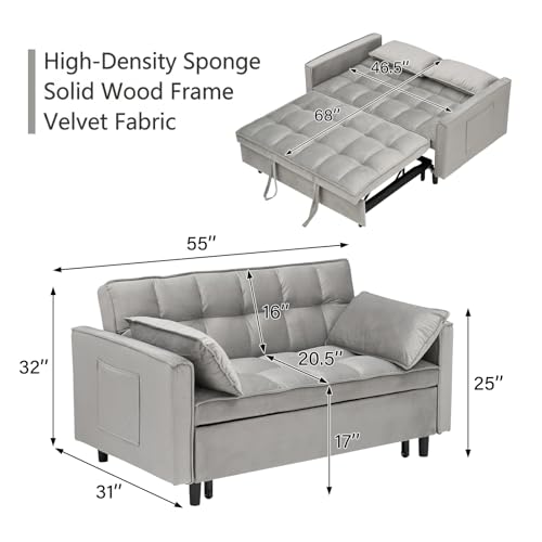 3 in 1 Convertible Sleeper Sofa Bed, Velvet Loveseat Futon Pull-Out Couch with Adjustable Reclining Backrest, Side Pockets and Pillows for Living Room, Bedroom, Apartment, Small Spaces (Gray-Velvet) - color: Gray-velvet
