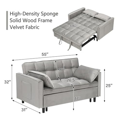 3 in 1 Convertible Sleeper Sofa Bed, Velvet Loveseat Futon Pull-Out Couch with Adjustable Reclining Backrest, Side Pockets and Pillows for Living Room, Bedroom, Apartment, Small Spaces (Gray-Velvet) - color: Gray-velvet