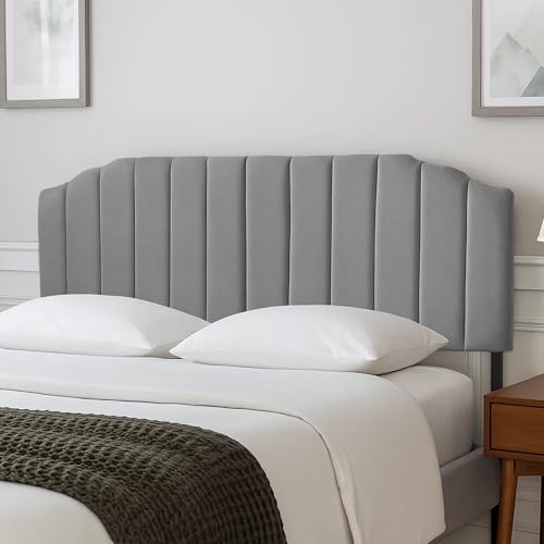 Upholstered Headboard Adjustable Height Queen/King Headboard Cream Velvet Tufted Modern Vertical Channel Design with Stepped Silhouette Top Edge(Grey King) - color: Gray, size: King