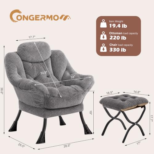 Lazy Chair with Folding Ottoman,Leisure Sofa Chair,Soft Fabric Armchair with Armrests and Side Pockets, Reading Chair with Footrest for Living Room, Bedroom, Office (Plush Light Grey) - color: Plush Light Grey
