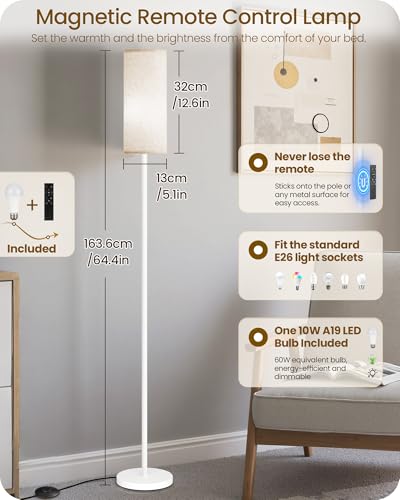 Dimmable Floor Lamps for Living Room with Remote and Foot Switch, 64.4” Modern Standing Tall Lamp, Corner Lamp for Bedroom, Office, Bulb Included, 3000K-6500K, Beige and White, FCC Listed WE06LD05W1 - color: Beige and White