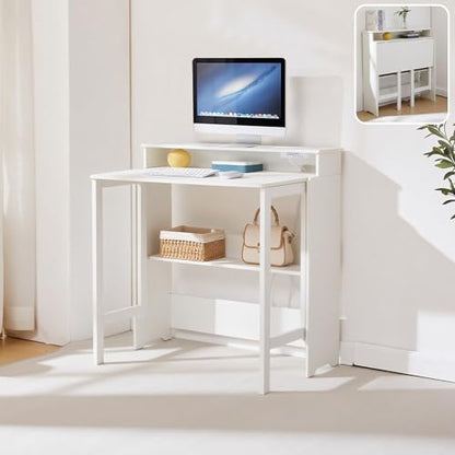 Folding Desk with Charging Station,Fold Out Desk with Monitor Stand,Storage Shelf,Small Foldable Computer Desk for Compact Home Office Spaces (White) - color: White