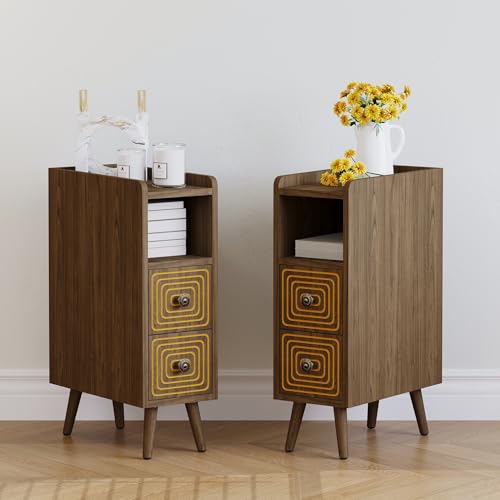 Nightstands Set of 2,Night Stand Bed Side Table with Storage Space,Wooden Bedside Table with Open Shelf,2 Drawers,End Table with Solid Wood Feet for Bedroom,College Dorm,Entryway (Walnut) - color: Walnut