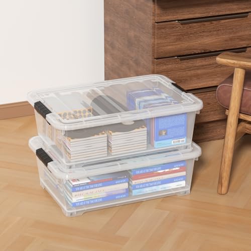 20 Quart Stackable Plastic Underbed Storage Bins with Lid, 4-Pack | Clear Flat Underbed Storage Containers Boxes with Wheels - size: 20 Quart