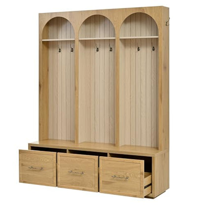 JIVOIT Farmhouse Hall Tree with Three Arched Design, All-in-One Design Wooden Coat Rack & Shoe Organizer with 3 Drawers, 59" Wide Entryway Bench with 8 Retro Hooks for Mudroom, Living Room - color: Oak//538