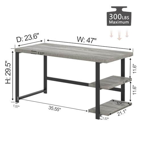 47 Inch Home Office Desk, Modern Computer Desk with Storage Shelves, Small Study Writing Gaming Table Workstation for Living Room Bedroom, Industrial Light Grey - color: Light Grey, size: 47 inch