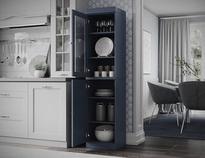 Solid Wood Kitchen Pantry - Narrow Storage Cabinet - 16.5" Wide x 71.5" Tall - 1 Raised Panel & 1 Glass Door, Antique Blue, Adjustable Shelves, 100% Eco-Friendly Wood, Modular Cabinets - color: Antique Blue, style: Clear Glass Top Door / Raised Panel Bott