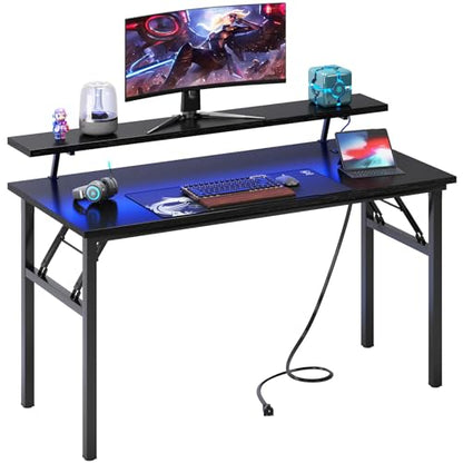 DlandHome 47" Computer Desk with Power Outlets & LED Lights, Black, Bedroom | Folding Desk with Monitor Stand, Writing Study Table Gaming Desk, Metal Frame, Fully Assembled, Home Office Small Spaces - color: Black + Black, size: 47 Inches + Outlets