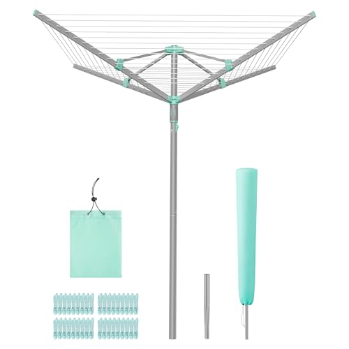 SONGMICS Umbrella Clothesline, Rotary Washing Line, Foldable Heavy-Duty Outdoor Clothes Drying Rack with Clips, Cover, Ground Anchor, 164 ft (50 m) Long for 5 Loads of Laundry, Silver ULLR307EZ01 - size: 54.8"D x 54.8"W x 71.5"H, style: Standard (Steel)