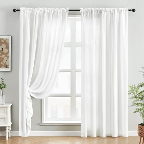 HOMEIDEAS Non-See-Through White Privacy Sheer Curtains 52 X 84 Inches Long 2 Panels Sheer Curtains Light Filtering Window Curtains Drapes for Bedroom Living Room | 2 Panels, Light Filtering, Semi Sheer Curtains, Window Voile Drapes, Bedroom Living Room Di