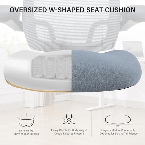 500lbs Big and Tall Office Chair - Heavy Duty Mesh Ergonomic Desk Chair with Headrest, High Back Computer Chair - Flip-up Armrests, Wide Thick Seat Cushion, Quiet Wheels, Grey - color: Grey With Headrest