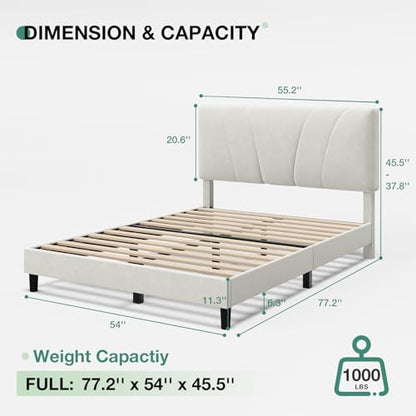 Novilla Full Size Bed Frame with Headboard, Full Bed Frame with Wooden Slats Support, Velvet Upholstered Headboard, No Box Spring Needed, Heavy Duty Feet, Easy Assembly, White Velvet - color: White Velvet, size: Full