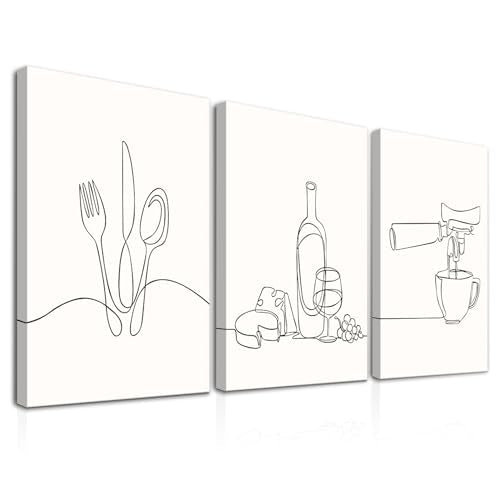 Dazzlewall 3Pcs Framed Minimalist Line Kitchen Wall Art Decor, Black and White Abstract Line Wall Art Prints for Dining Room Coffee Bar Living Room Decor 12x16 in - color: Line Kitchen Framed