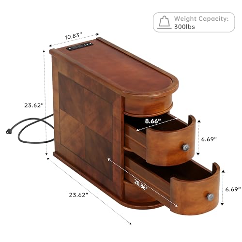 Solid Wood End Table with Charging Station, No Assembly Required Narrow Sofa Side Table for Living Room, Vintage Slim Nightstand Bedside Table (2 Drawers, Brown, 1Pc) - color: Brown, size: 1Pc, style: 2 Drawers