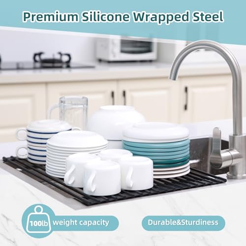 Ohuhu Roll Up Dish Racks, 16.5" L x 13" W Over The Sink Dish Drainer Drying Rack Kitchen Sink Organizer Silicone Wrapped Large in Sink Dish Drying Rack Foldable Rolling Drain Mats Anti-Slip - color: Black, size: 16.5"W x 13"L