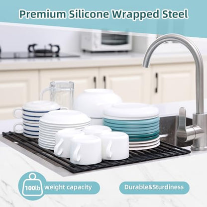 Ohuhu Roll Up Dish Racks, 16.5" L x 13" W Over The Sink Dish Drainer Drying Rack Kitchen Sink Organizer Silicone Wrapped Large in Sink Dish Drying Rack Foldable Rolling Drain Mats Anti-Slip - color: Black, size: 16.5"W x 13"L