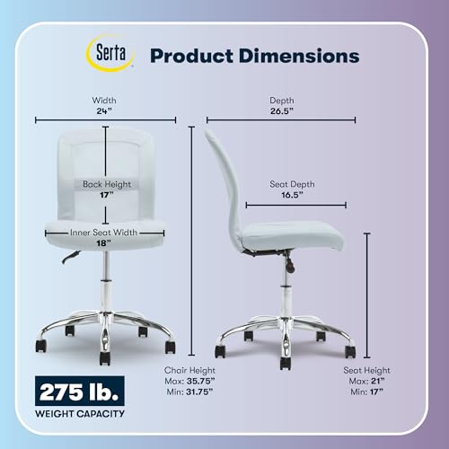 Serta Armless Small Home Desk Chair with Wheel, Ergonomic Mesh Office Chair | Essentials, Leather & Foam Cushioned Seat, Adjustable Height, Vanity Chair for Bedroom & Small Space, 360° Swivel, Sky Blue - color: Sky Blue
