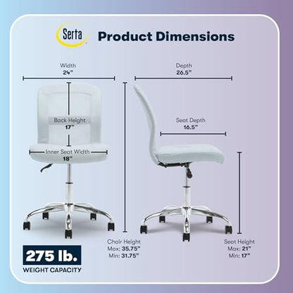 Serta Armless Small Home Desk Chair with Wheel, Ergonomic Mesh Office Chair | Essentials, Leather & Foam Cushioned Seat, Adjustable Height, Vanity Chair for Bedroom & Small Space, 360° Swivel, Sky Blue - color: Sky Blue