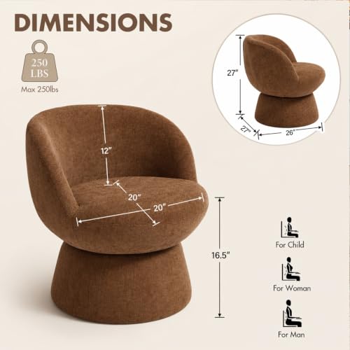 Brown Chenille Swivel Barrel Chairs Set of 2 | 360° Smooth Swivel & Curved Back Comfort Modern Seating for Small Spaces - color: Brown, size: 2 Chairs