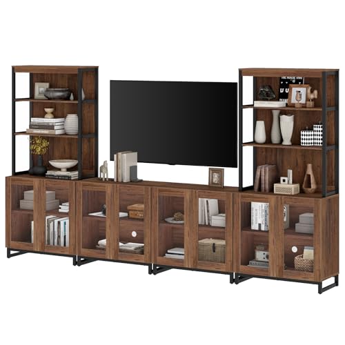 WAMPAT Modern TV Stand with 3 Tiers Bookshelf, Farmhouse Entertainment Center with 12 Drawers and Adjustable Shelf, Media TV Console with Black Metal Leg for Living Room, Begie - color: Brown-b