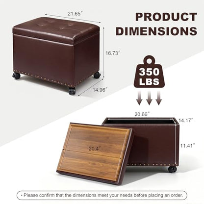Homebeez 22 inch Storage Ottoman with Tray Top, Multi-Functional Faux Leather Coffee Table with Storage, Tufted Foot Rest with Nailhead Trim for Living Room, Reddish Brown - color: Reddish Brown With Wheels