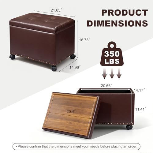Homebeez 22 inch Storage Ottoman with Tray Top, Multi-Functional Faux Leather Coffee Table with Storage, Tufted Foot Rest with Nailhead Trim for Living Room, Reddish Brown - color: Reddish Brown With Wheels