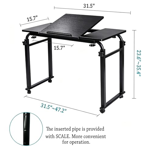 Overbed Laptop Cart Over The Bed Table with Wheels Adjustable Bed Hospital | Height length adjustable portable table hospital bed table tilting top recliner sofa bed table sturdy mobile rolling desk - color: Black