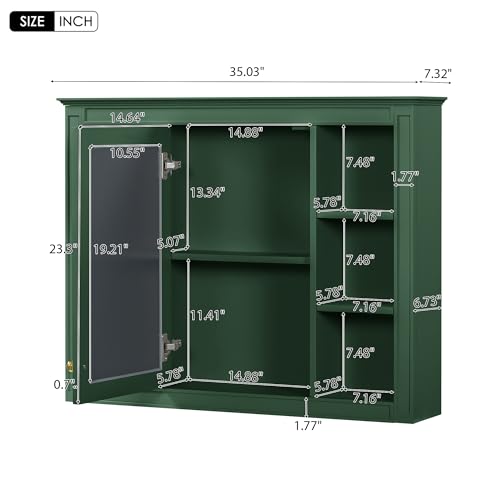 Wall Mounted Medicine Cabinet, Bathroom Storage Cabinet with Mirror Door and 6 Adjustable Open Shelf (7.3" D x 35" W x 27.5" H) (Green) - color: Green