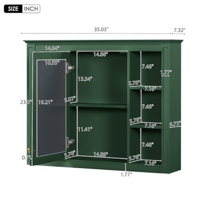 Wall Mounted Medicine Cabinet, Bathroom Storage Cabinet with Mirror Door and 6 Adjustable Open Shelf (7.3" D x 35" W x 27.5" H) (Green) - color: Green