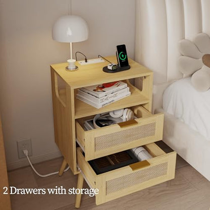 Rattan Nightstand with Charging Station,Farmhouse Bedside Table with 2 Storage Drawer and Open Wood Shelf, for Bedroom and Small Spaces,Night Stand with Solid Wood Legs (Yellow Oak-Outlet) - color: Yellow Oak-outlet