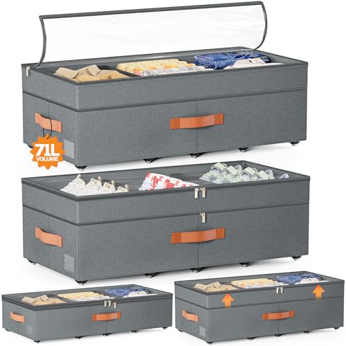 Under Bed Storage with Wheels, 2Pack 71L Under the Bed Storage Containers | Adjustable Underbed Drawer with Lids, Underbed storage Rolling Bin for Shoes, Clothes, Blankets, Grey - size: 8.5-11.5 inch height-grey