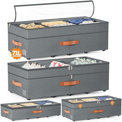 Under Bed Storage with Wheels, 2Pack 71L Under the Bed Storage Containers | Adjustable Underbed Drawer with Lids, Underbed storage Rolling Bin for Shoes, Clothes, Blankets, Grey - size: 8.5-11.5 inch height-grey