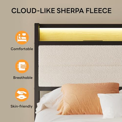 LIKIMIO Twin XL Bed Frame with Headboard, LED Lights and Charging Station | Upholstered sherpa storage headboard with LED & charger; heavy-duty slats; noise-free; modern elegance; natural and cream - color: Natural and Cream, size: Twin XL