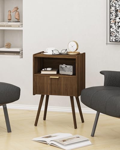 Nightstand,Modern Bedside Table with Storage Drawer and Open Wood Shelf, for Living Room, Bedroom and Small Spaces, Accent Night Stand with Solid Wood Legs, Easy Assembly,Walnut Brown - color: Walnut Brown