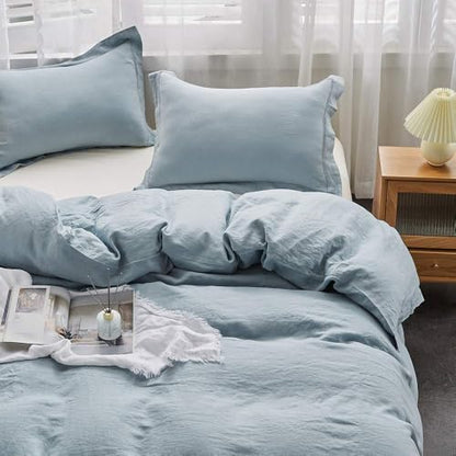 Simple&Opulence 100% Washed Linen Duvet Cover Set with Embroidered,3 Pieces Soft Farmhouse Comforter Set with Button Closure,1 Duvet Cover and 2 Pillowshams(Queen,Dusty Blue) - color: Embroidery Dusty Blue, size: Queen