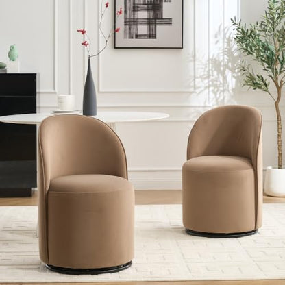 Penau Swivel Dining Chair, Velvet Barrel Seat, Brown | Velvet Upholstery, 360 Degree Swivel, Curved Backrest, Compact Seating For Dining Room And Vanity