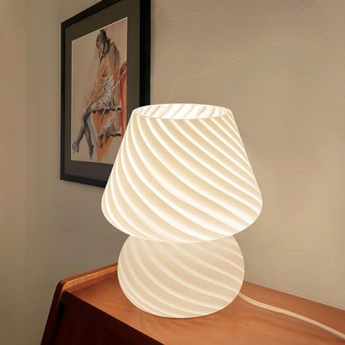 ONEWISH Mushroom Lamp-Small Bedside Table Lamp with Striped Glass, Nightstand Lamp for Bedroom, Living Room, 3000K E26 Bulb Included(White) - color: Not-dimmable-‎white-1pack