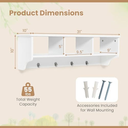 RELAX4LIFE Coat Rack Wall Mount with Shelf, 31’’ Wood Hanging Shelf with Storage, 3 Cubby Compartment & 4 Hooks for Entryway Bathroom Kitchen, Wall Mounted Floating Shelf with Hooks (White) - color: White