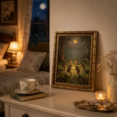 Vintage Gold Framed Frog Wall Art - Whimsical Cottage Core wall Decor picture,Frogs Dancing in Moonlight Forest Painting Canvas Prints Dark Academia Frog Poster Artwork for Living Room Bedroom 12x16in - color: Frog, size: 16"L x 12"W